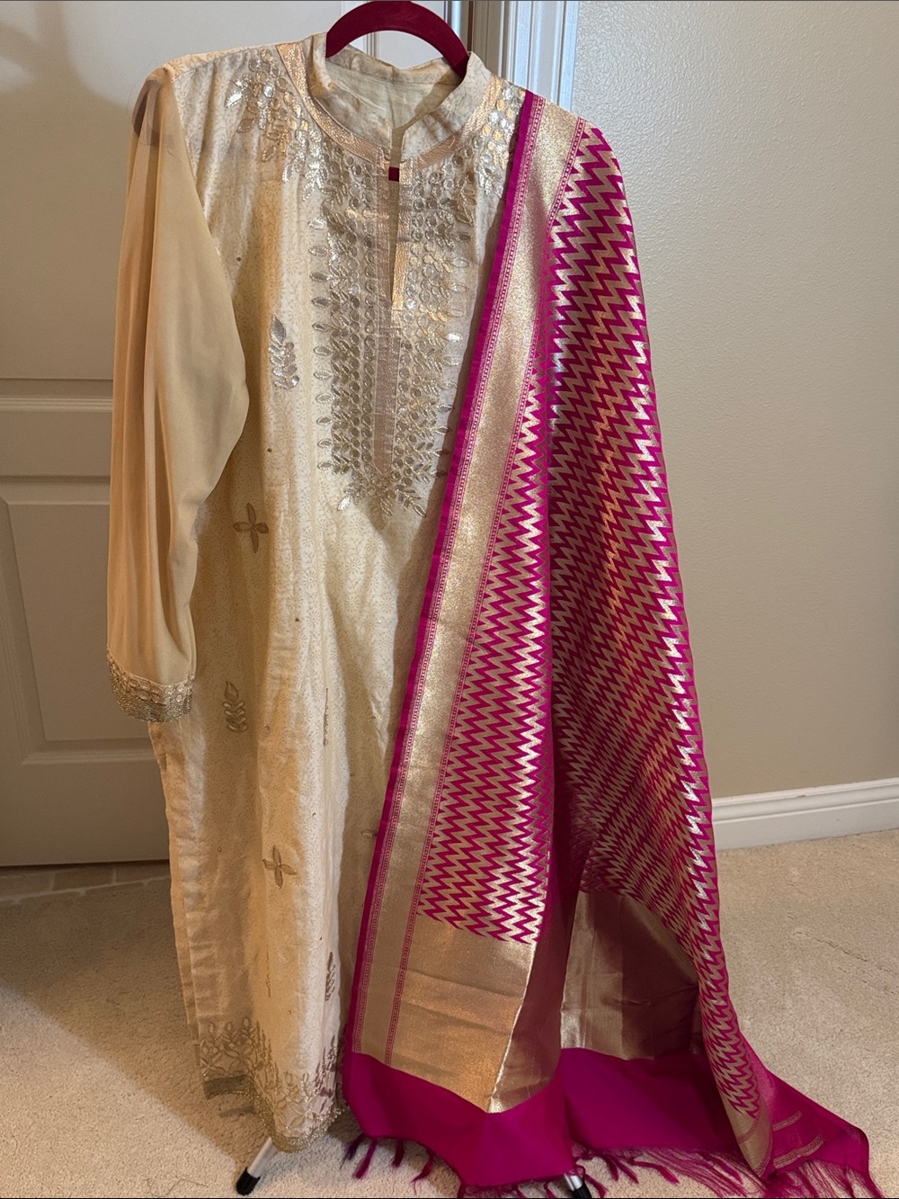 Golden Gota pearl work Salwar Kameez with Hot Pink&Gold Banarasi Dupatta